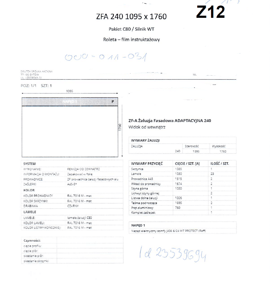 240 — 1095×1760 mm — Drutex outlet — ID 1411